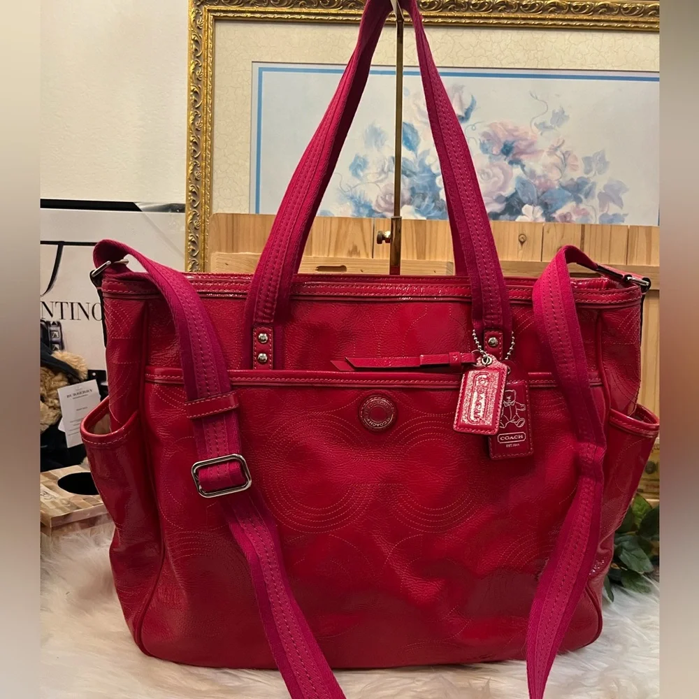 Coach Magenta Pink Stitched Patent Leather Crossbody Tote Bag